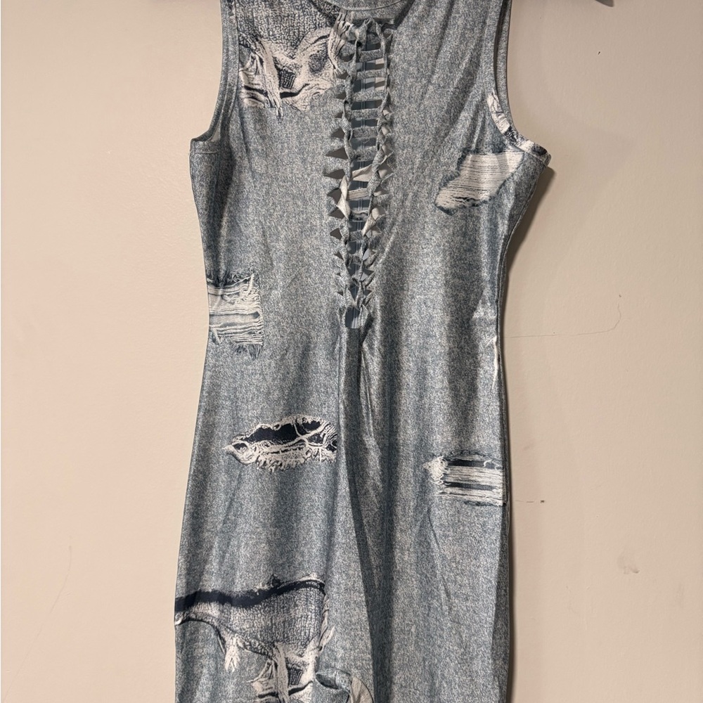 Casual Blue Plunge Neck Bodycon Jumpsuit